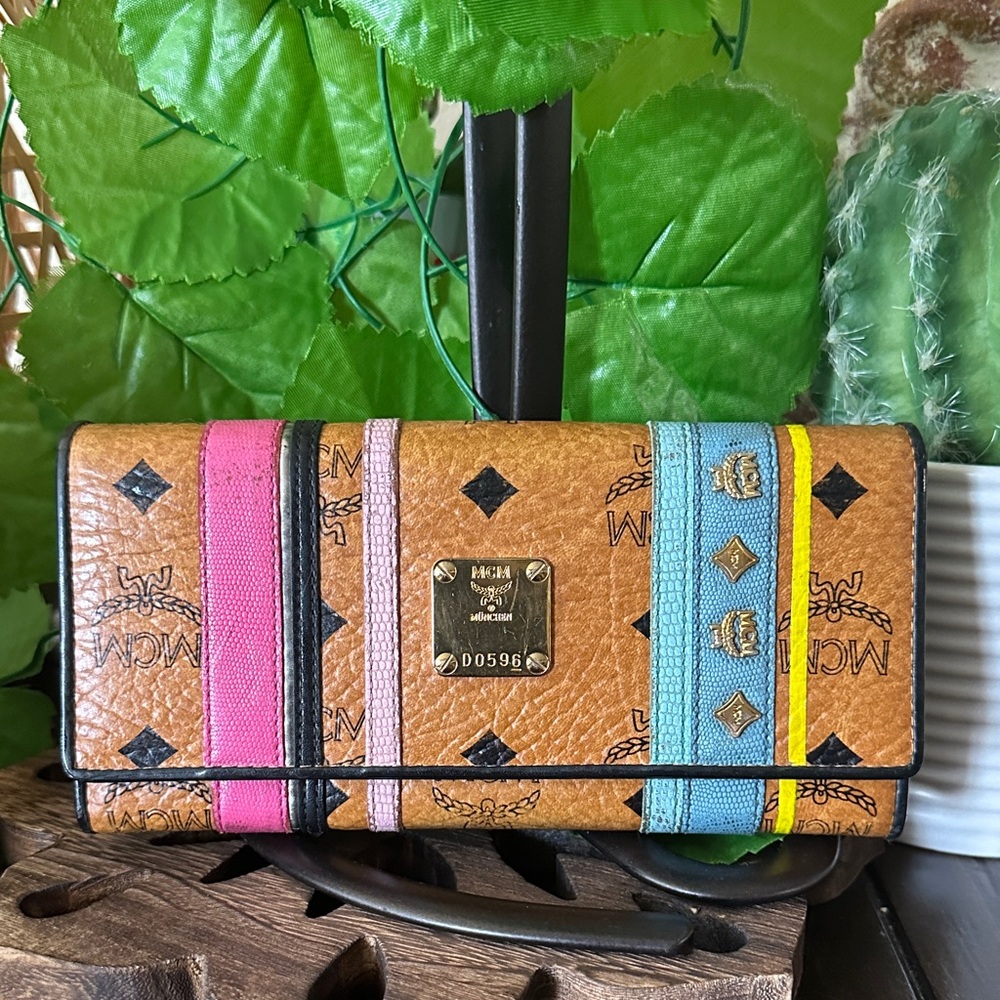 MCM Cognac Visetos Trifold Wallet Multicolor Striped
